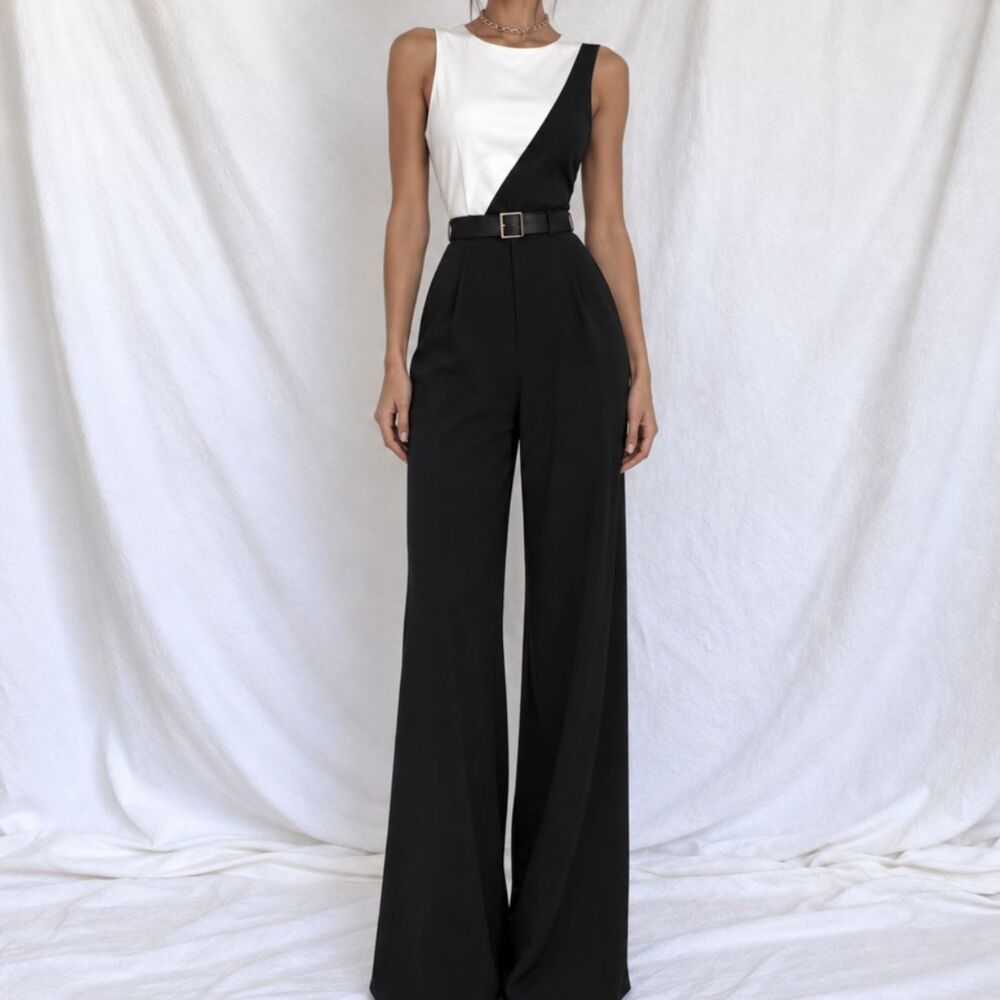 Vintage Y2K Black White Colorblock Sleeveless Wide Leg Waist Tie Jumpsuit Size M